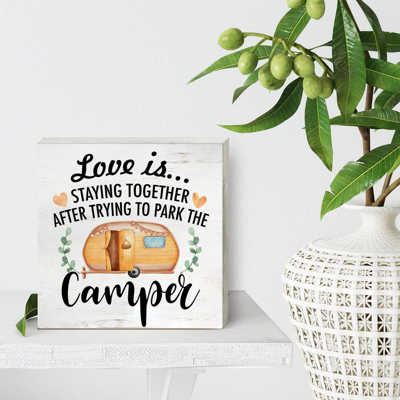 HDKY Funny Farmhouse Camping Wood Box Sign Home Decor Rustic RV Love is Staying Together Wooden Box Sign Block Plaque for Wall Tabletop Desk Decoration - Image 4